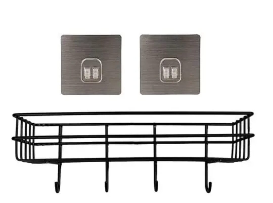 Mantra Multipurpose Bathroom Storage Shelf with 4 Hooks, Self-Adhesive Wall Mount Black Finish